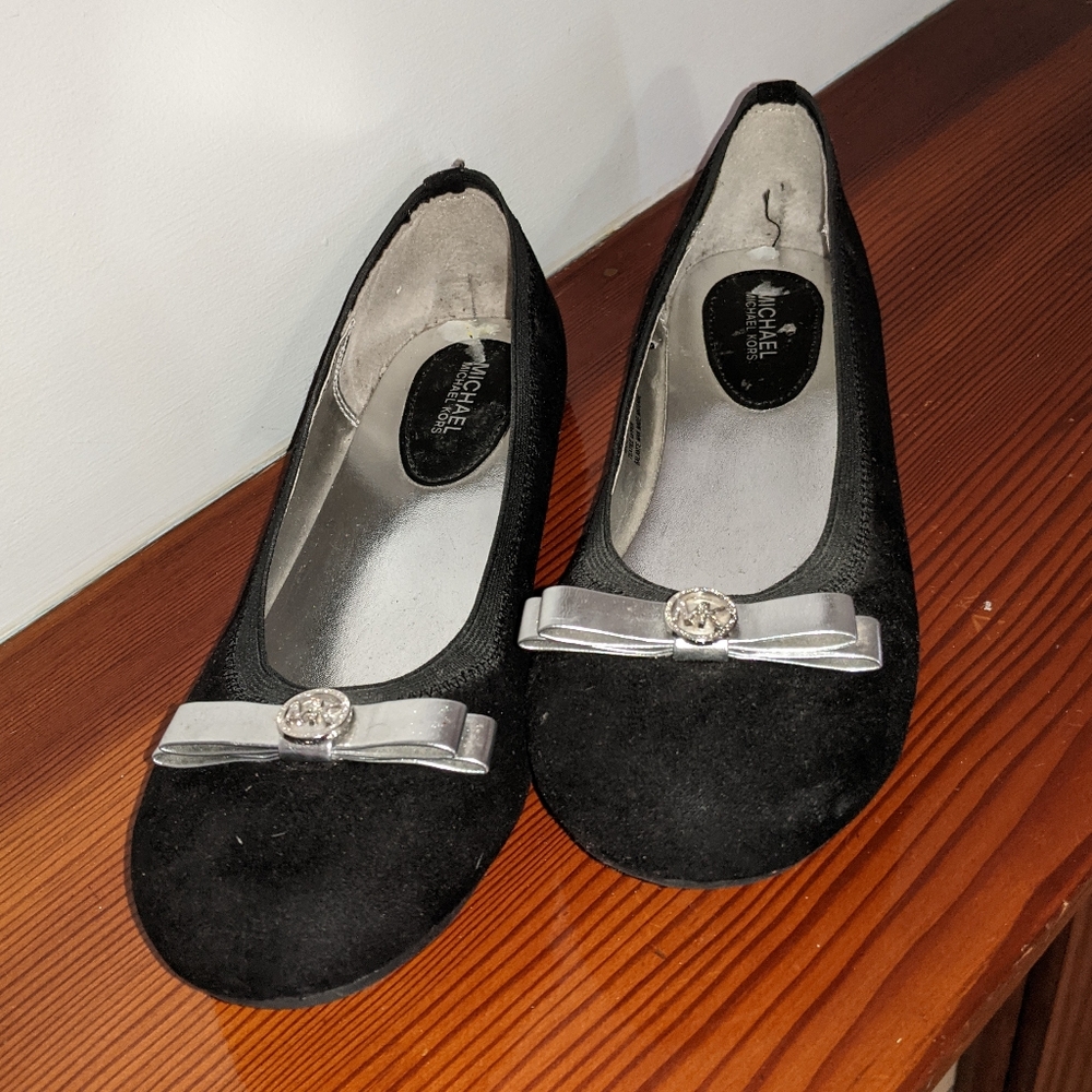 Michael Kors Black Suede Flats with Silver Bow